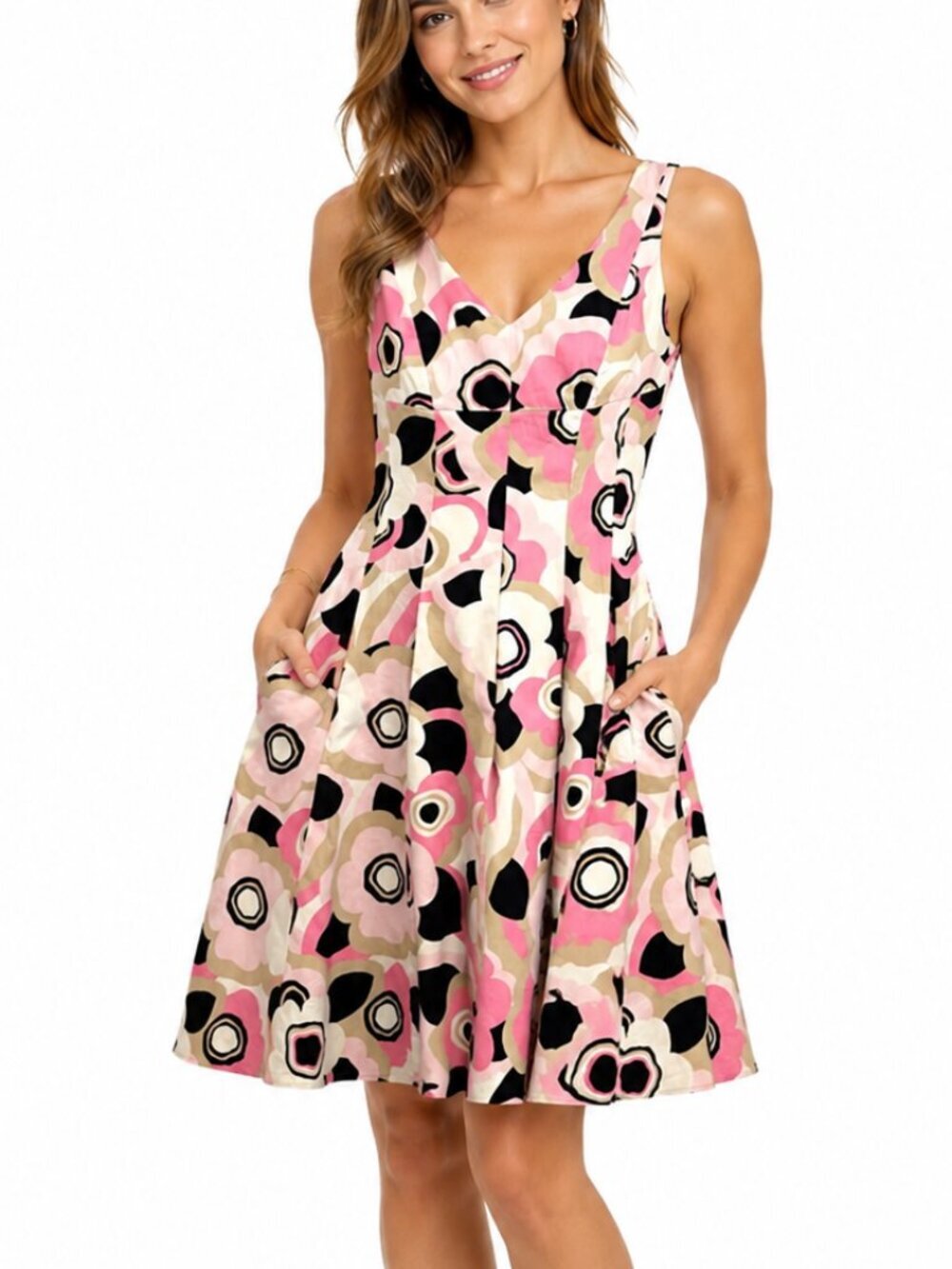 Tahari Pink, Black Retro Abstract Floral Sleeveless Fit-and-Flare Dress